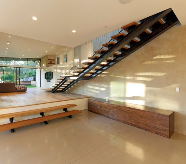 house interior of two different living spaces with a split level