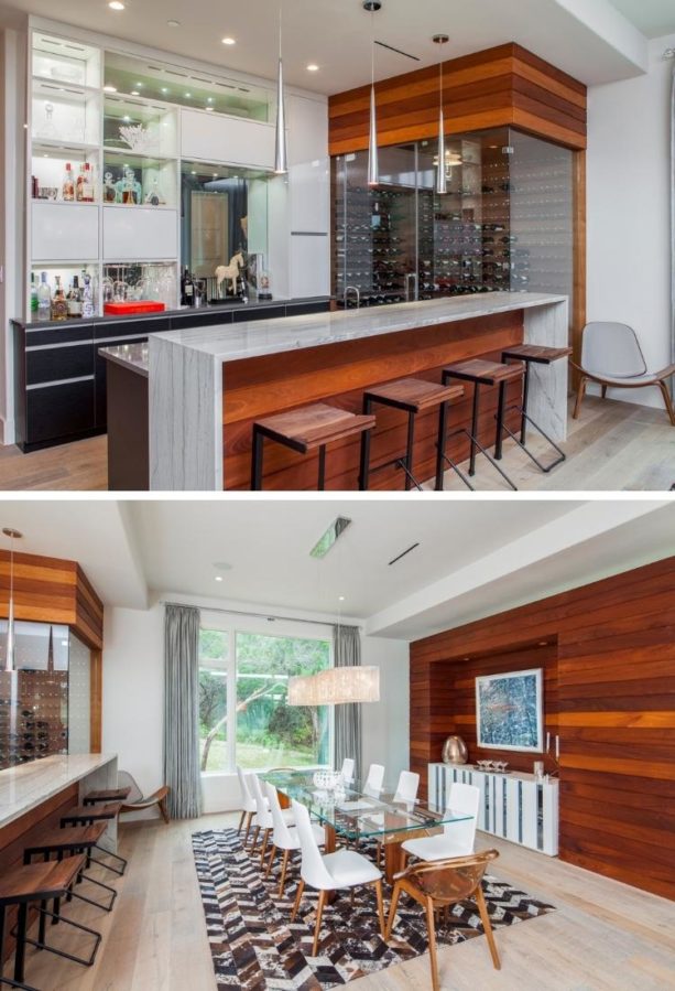 modern seated home bar and dining room area