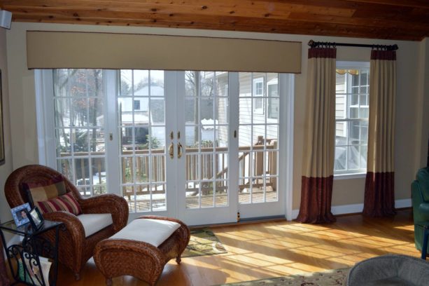 straight valance with neutral fabric window treatment for a french door to a patio