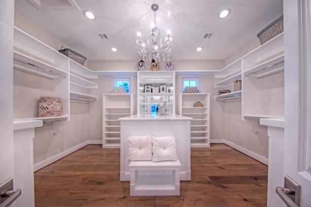 antique chandelier lighting in a transitional walk-in closet