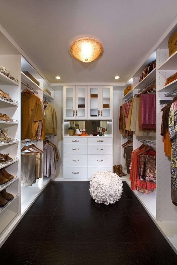 round ceiling fixture combined with recessed walk-in closet lighting