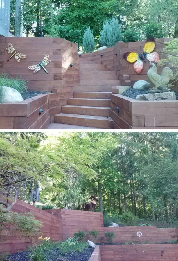 rustic landscape with wood retaining wall and decorative items