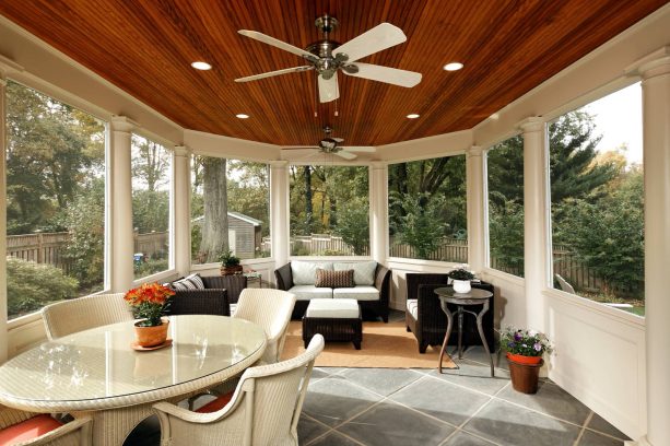 beaded pine ceiling wood panels with white trim