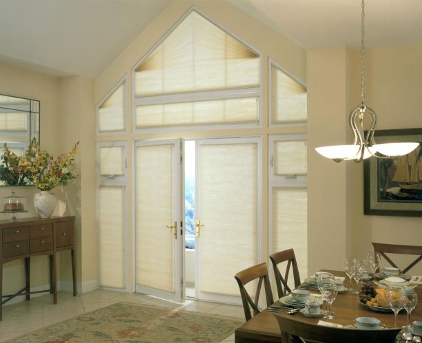 cellular shades as a sidelight window and double doors treatment