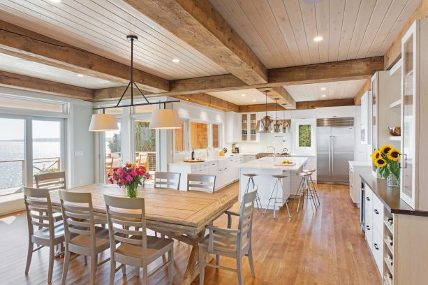 combination of ceiling wood panels and recycled beams