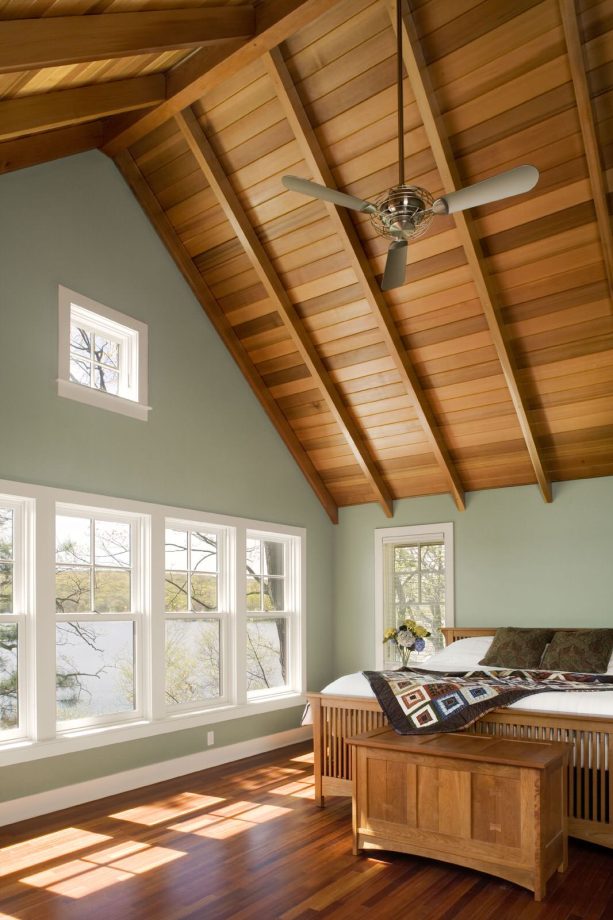 red cedar wood panels in a vaulted ceiling