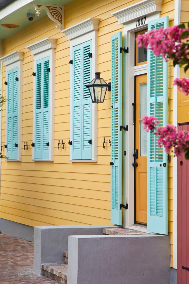 soft cyan shutter color that goes with a yellow house
