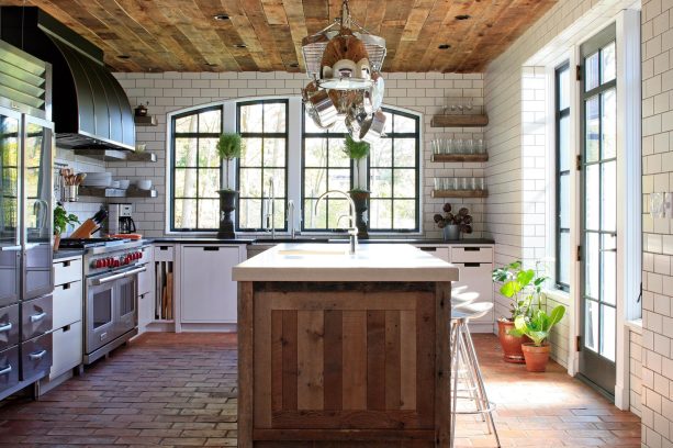 traditionally flat reclaimed wood panels for a farmhouse kitchen’s ceiling