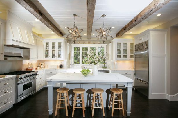 white ceiling wood panels with natural-looking timber beams