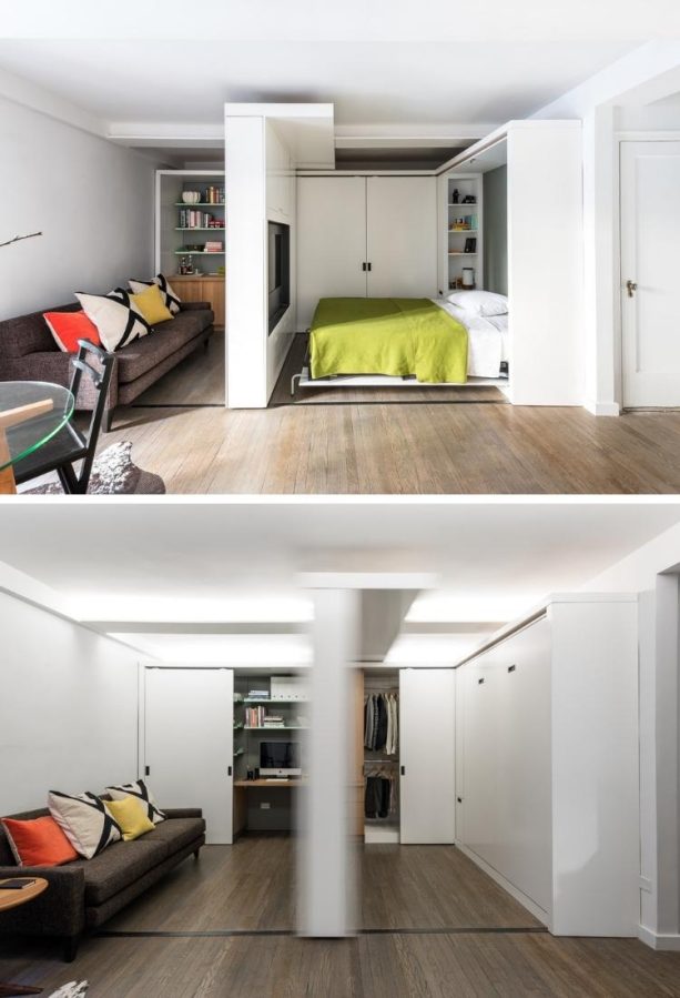 a motorized sliding element in a studio apartment as a room divider to separate the bedroom and the other areas