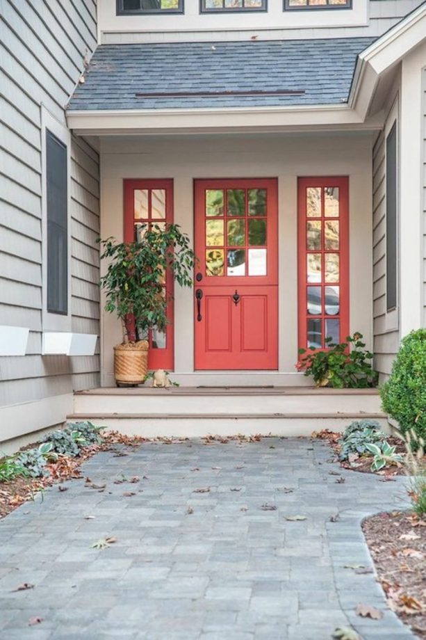 benjamin moore - tomato tango coral front door with window and sidelights combined with off-white walls