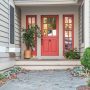 benjamin moore - tomato tango coral front door with window and sidelights combined with off-white walls