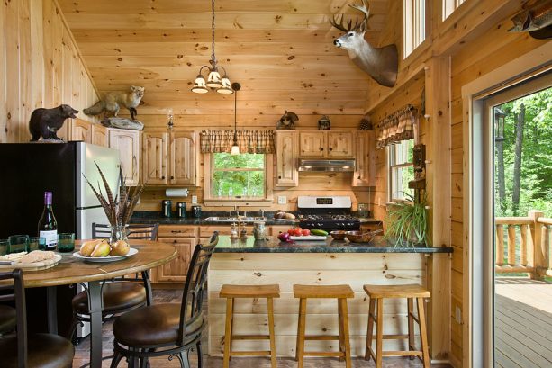 combination of light tone wood and black elements in a log cabin kitchen