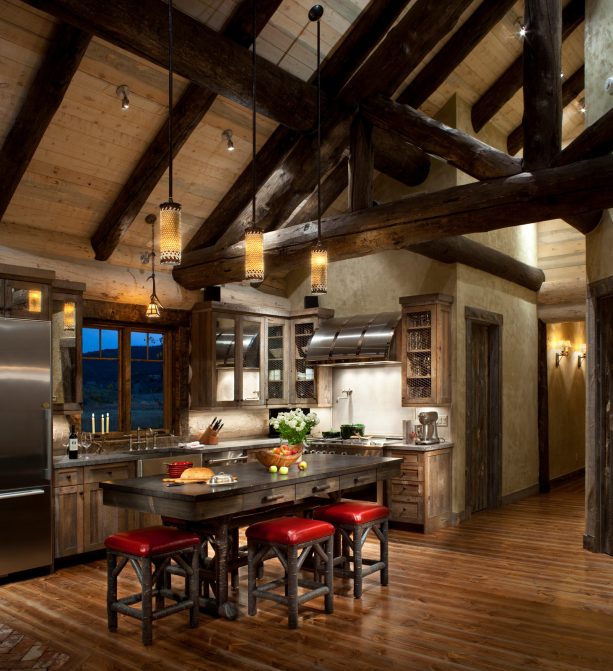 dark log cabin kitchen with a red accent to brighten up the room