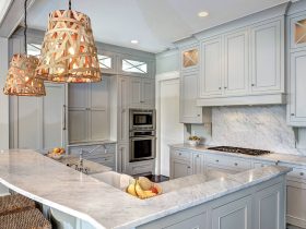 gray cabinets painted in benjamin moore - grey owl paired with white carrara marble countertops