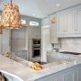 gray cabinets painted in benjamin moore - grey owl paired with white carrara marble countertops