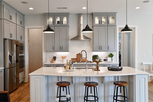 gray cabinets painted in benjamin moore - stone with white countertops for a simple look