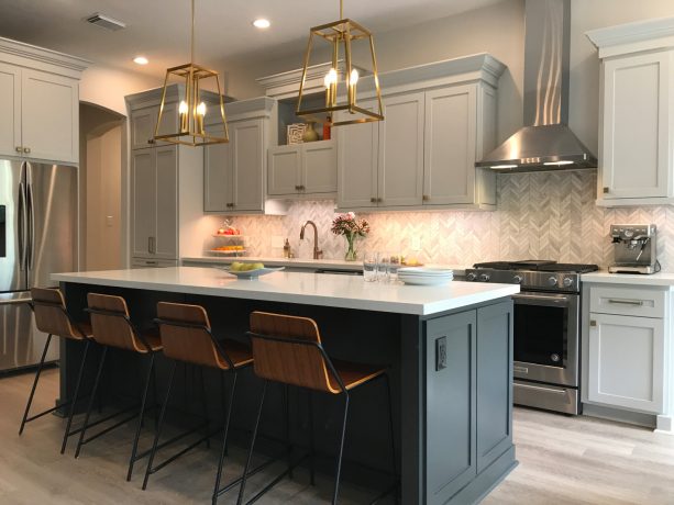 gray cabinets painted in sherwin williams - big chill with white countertops for a polished look