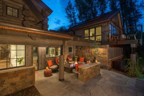 modern rustic backyard ideas with a roof extension and a fire pit