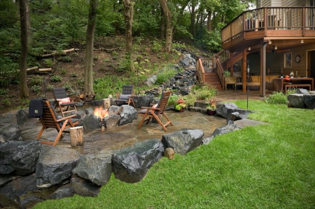 rustic landscape with naturalistic features and natural stone fire pit