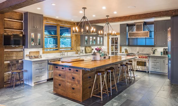 trendy log cabin kitchen with two-toned cabinetry in gray and white