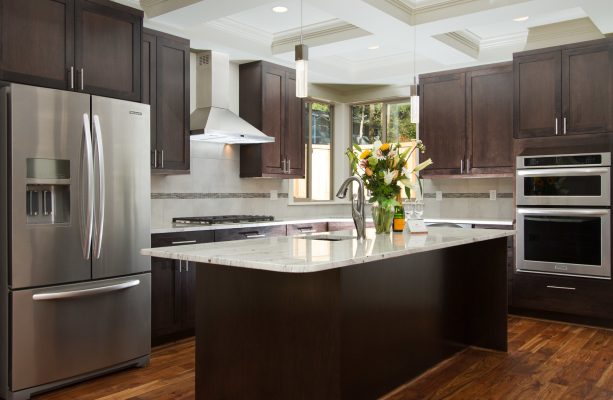 alder cabinets espresso stained in dark shade paired with light granite countertops in a contemporary kitchen