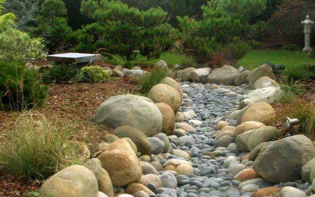 asian landscape garden without plants but with rock and boulders to mimic natural stream