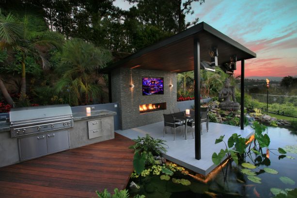 contemporary floating deck with a pond underneath and a black pergola