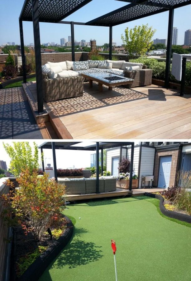 floating deck as an outdoor space completed with a cantilevered fire table and a pergola
