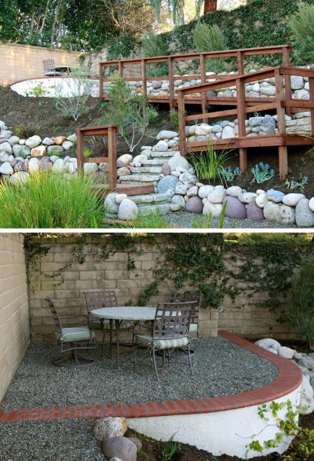 hillside landscaping with boulder garden walls and crushed rock patio at the top