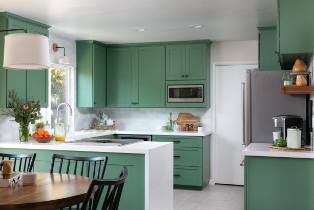 light gray kitchen floor combined with green cabinets