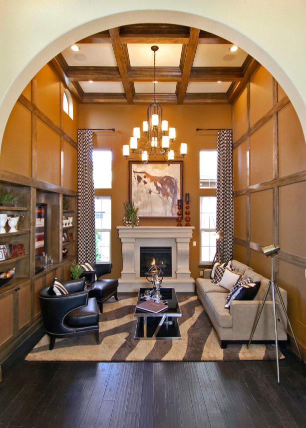 mediterranean living room with several shades of brown and black furniture to match the floor
