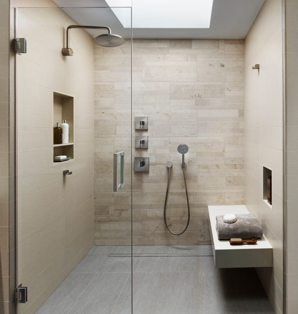 recessed beige-colored wall niche in the bathroom for toiletries