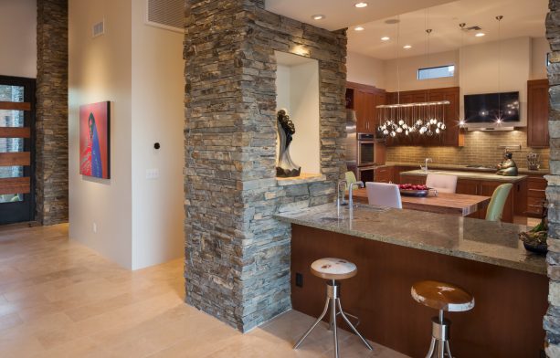 recessed stone wall niche for decoration in the kitchen