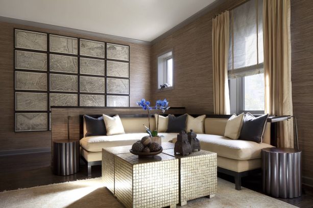the combination of light brown, beige, and a touch of black to create a cozy living room