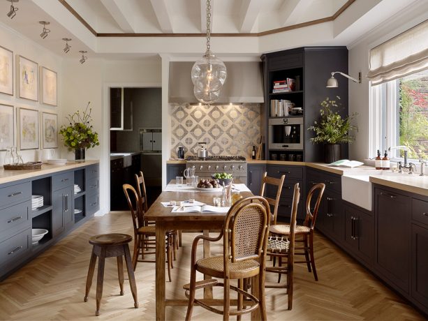 two-toned cabinetry in dark and blue shade combined with light bass wood countertops