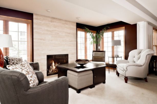 very light brown combined with black without accent color in a transitional living room