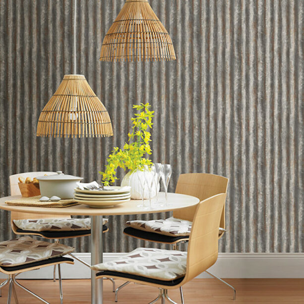 corrugated metal wallpaper accent wall to create a clean and aesthetic look