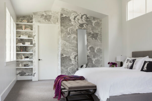 gray cloud-patterned whimsical wallpaper accent wall for a calming look