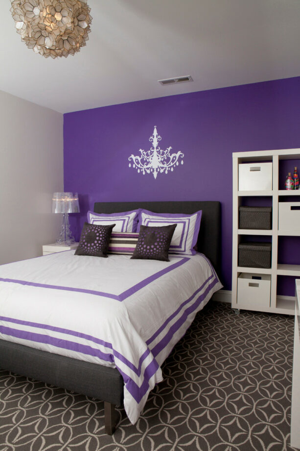 mystical grape - benjamin moore purple accent wall with a chandelier sticker