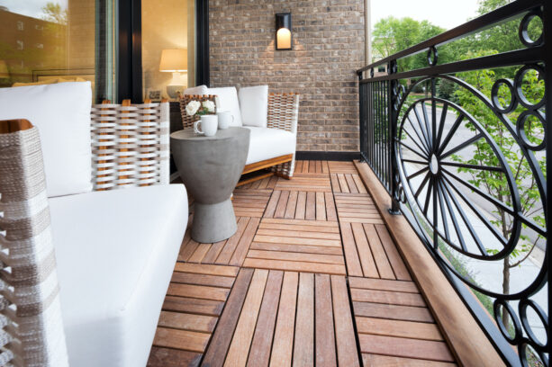 natural style teak tile for a transitional balcony flooring idea