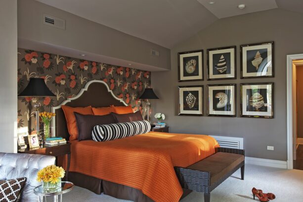 orange and gray colored sanderson wallpaper as an alcove accent wall