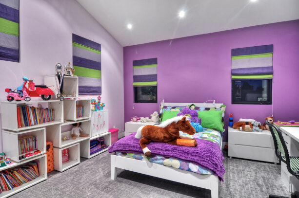 purple accent wall with windows treatment in matching colors