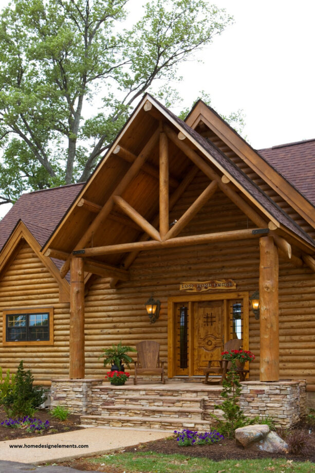 raised stone log cabin porch with front steps