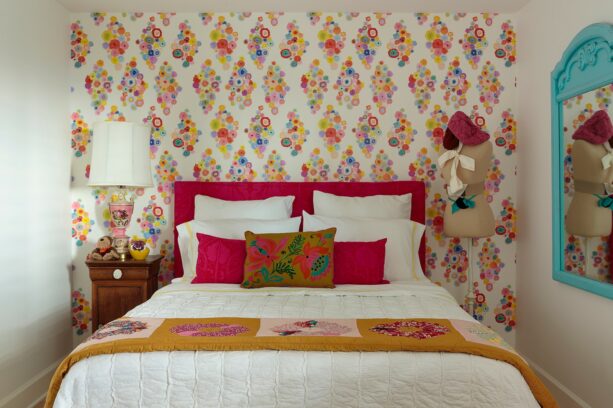 soft floral colorful wallpaper accent wall for a teen girls’ room