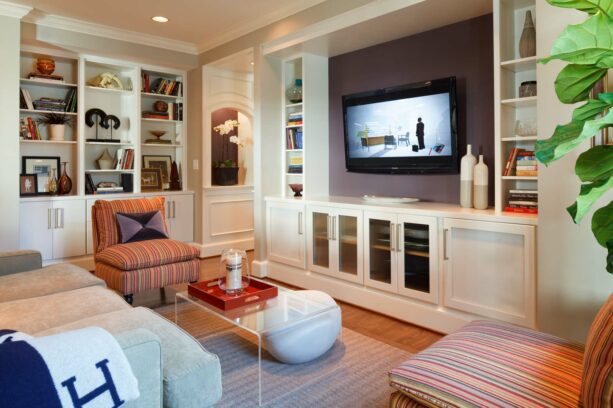 soft purple accent entertainment wall in a transitional living room