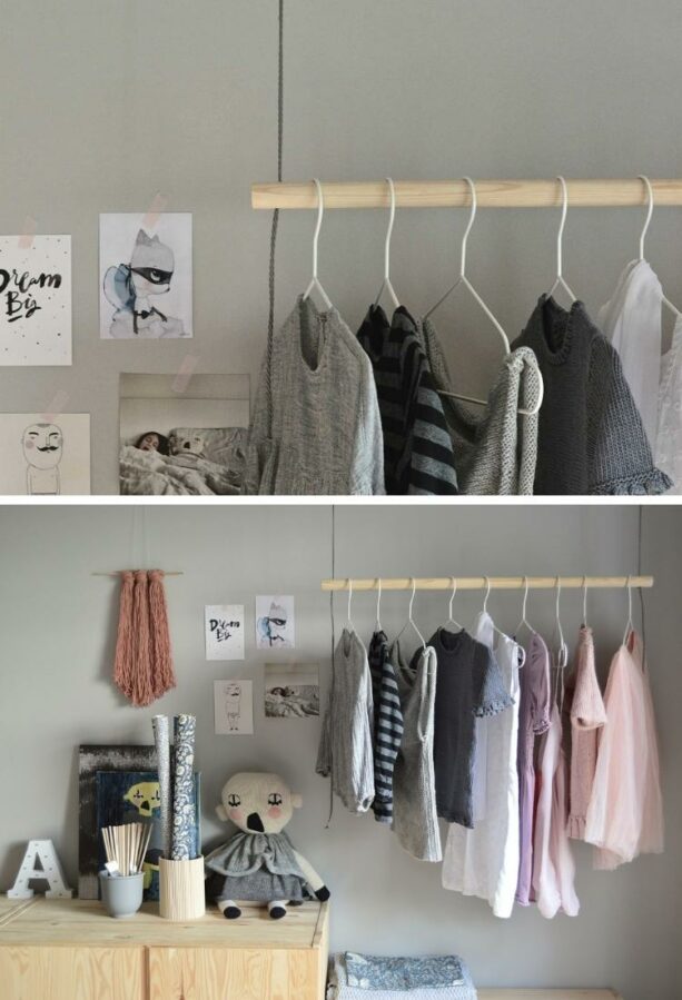 DIY minimalist hanging clothes rack from ceiling