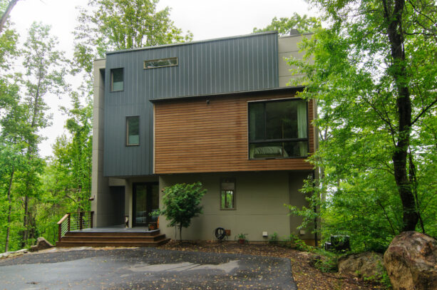a pair of cedar and vertical metal siding to create a contemporary exterior