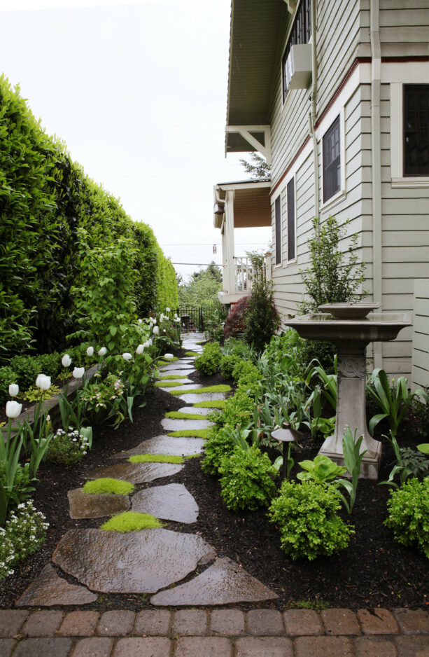 incorporating a curved line using a stone path in a side yard landscaping