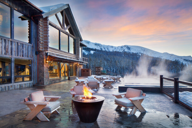 log cabin restaurant patio on the po side with a fire bowl